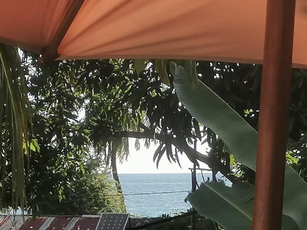 Vue sur la mer entre manguiers et bananiers, depuis la terrasse abritée par une toile orangée